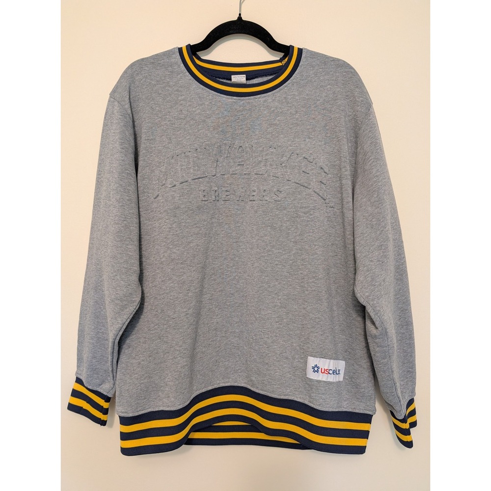 Milwaukee Brewers Mens XL Embossed Sweatshirt Grey Striped Trim Pullover Top